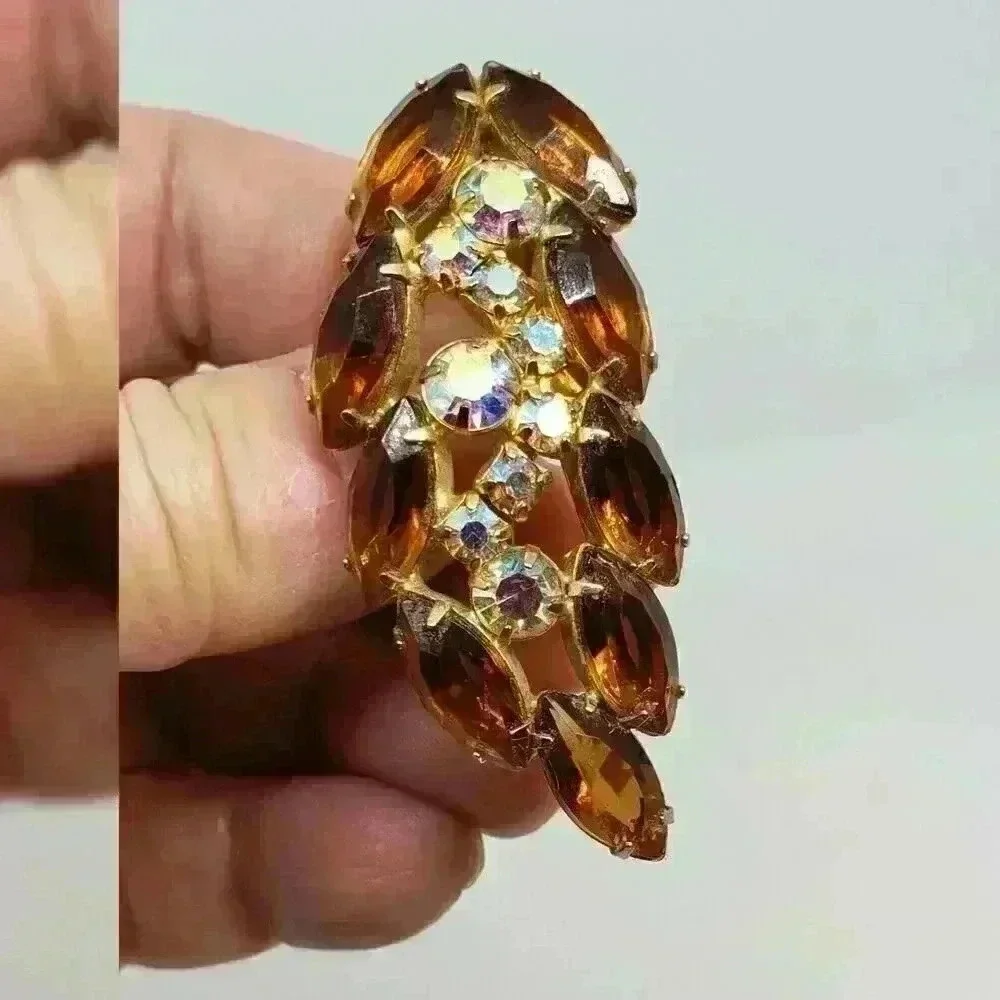 Vintage Rhinestone Leaf Brooch Open Back Brown & AB Stones Sherman Style